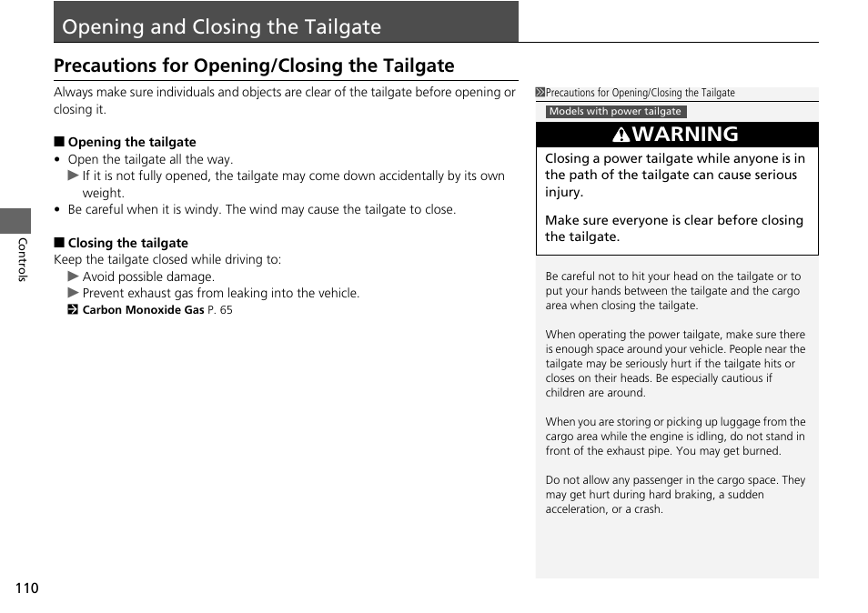 Opening and closing the tailgate, P110), Warning | Precautions for opening/closing the tailgate | HONDA 2014 Pilot - Owner's Manual User Manual | Page 111 / 488