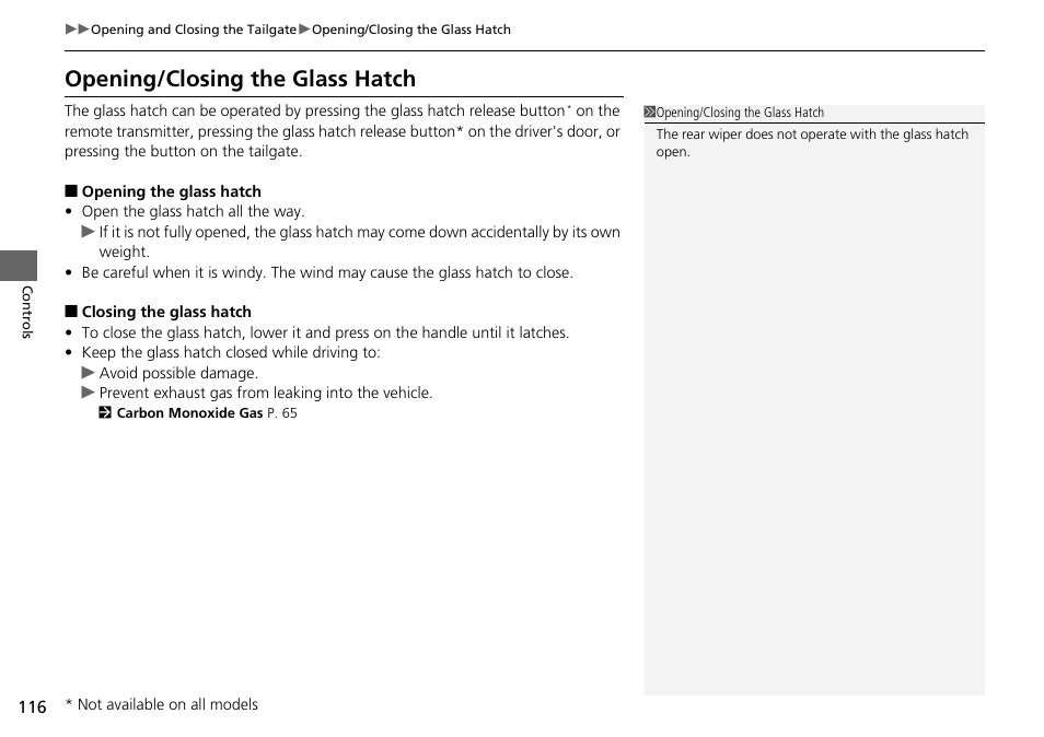 P116), Opening/closing the glass hatch | HONDA 2014 Pilot - Owner's Manual User Manual | Page 117 / 488