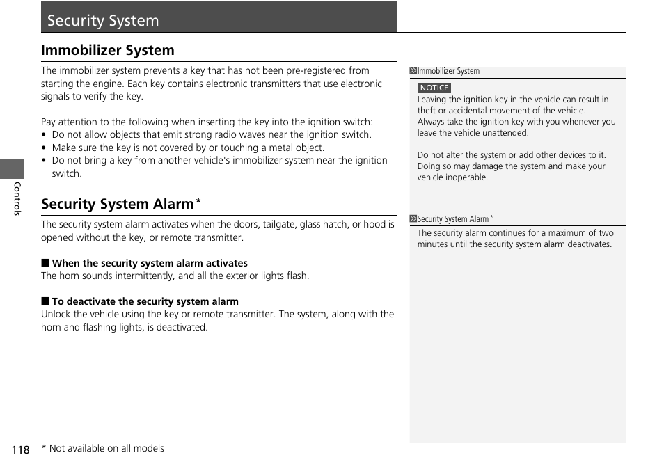 Security system, Immobilizer system security system alarm, Immobilizer system | Security system alarm | HONDA 2014 Pilot - Owner's Manual User Manual | Page 119 / 488