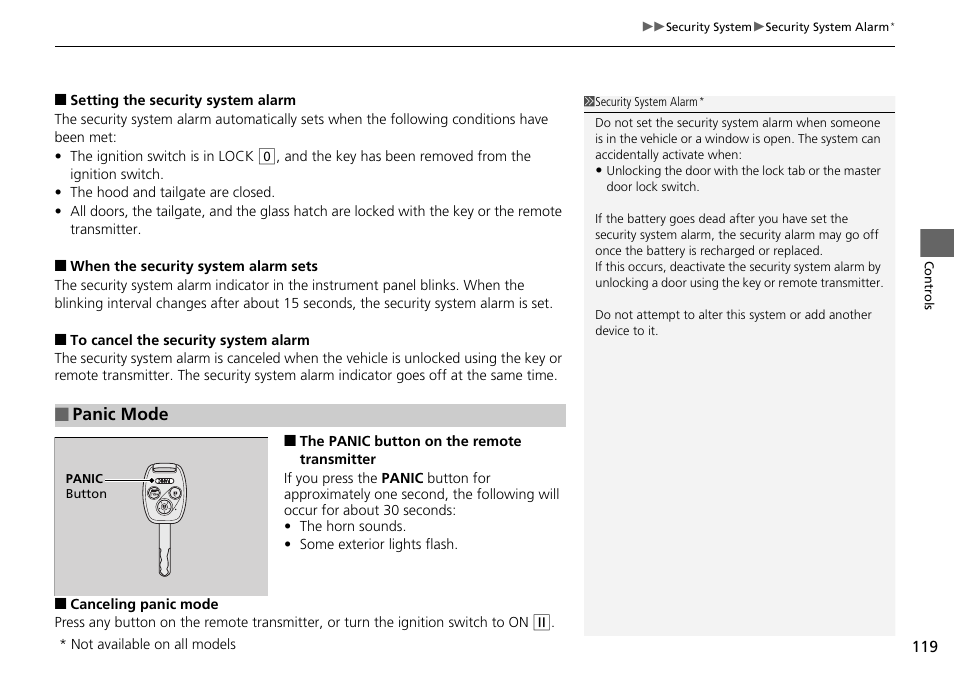 Panic mode | HONDA 2014 Pilot - Owner's Manual User Manual | Page 120 / 488