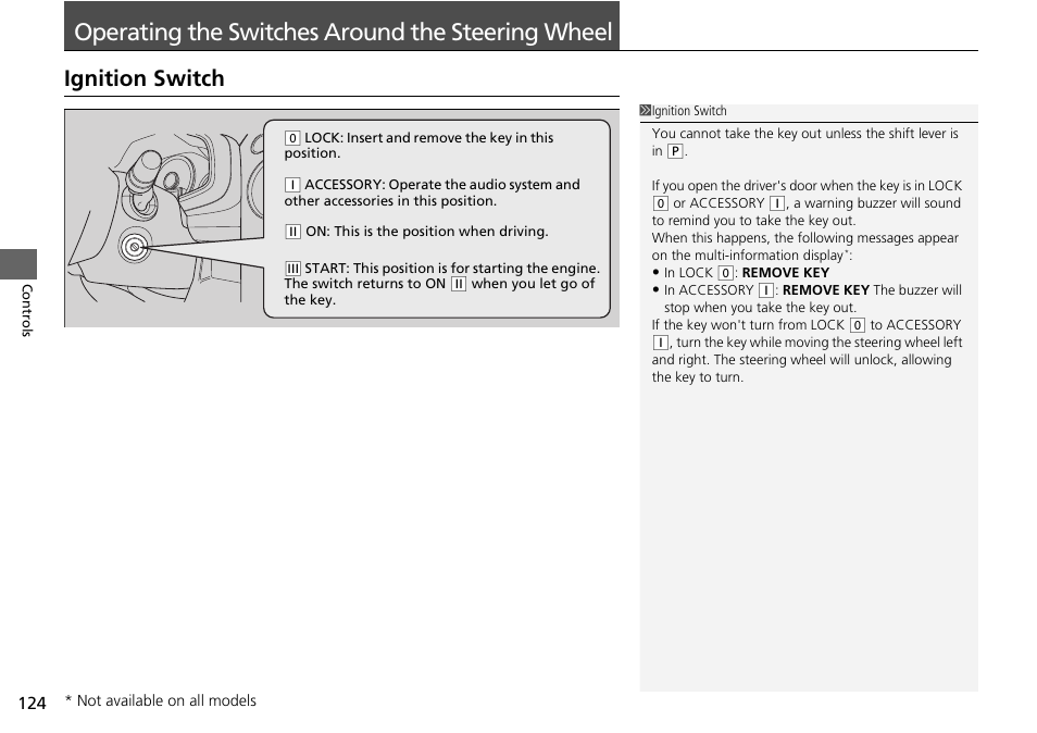 Operating the switches around the steering wheel p, P124), Operating the switches around the | Steering wheel, Ignition switch, Operating the switches around the steering wheel | HONDA 2014 Pilot - Owner's Manual User Manual | Page 125 / 488