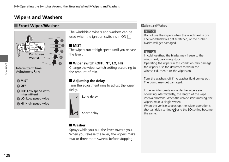 P128, P128), Wipers and washers | Front wiper/washer | HONDA 2014 Pilot - Owner's Manual User Manual | Page 129 / 488