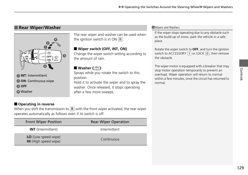 P129, 41, Rear wiper/washer | HONDA 2014 Pilot - Owner's Manual User Manual | Page 130 / 488