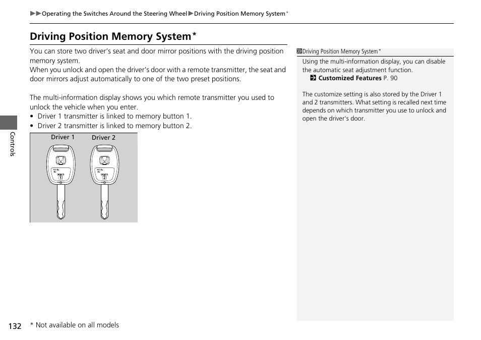 Driving position memory system | HONDA 2014 Pilot - Owner's Manual User Manual | Page 133 / 488