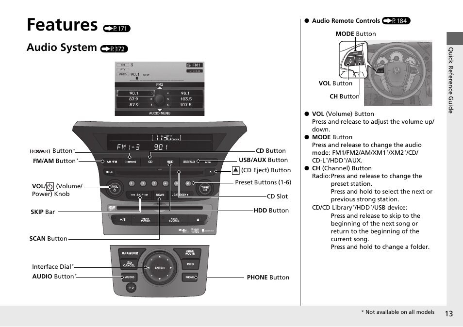 Features (p171), Features, Audio system | HONDA 2014 Pilot - Owner's Manual User Manual | Page 14 / 488
