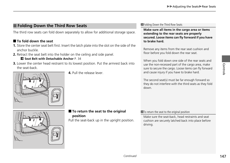 Folding down the third row seats | HONDA 2014 Pilot - Owner's Manual User Manual | Page 148 / 488
