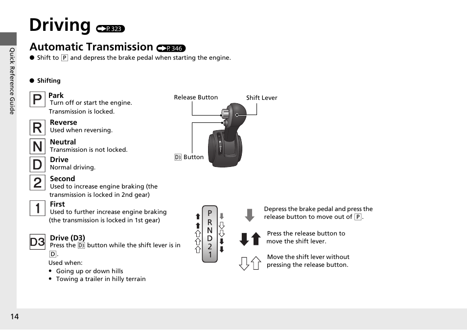 Driving (p323), Driving, Automatic transmission | HONDA 2014 Pilot - Owner's Manual User Manual | Page 15 / 488