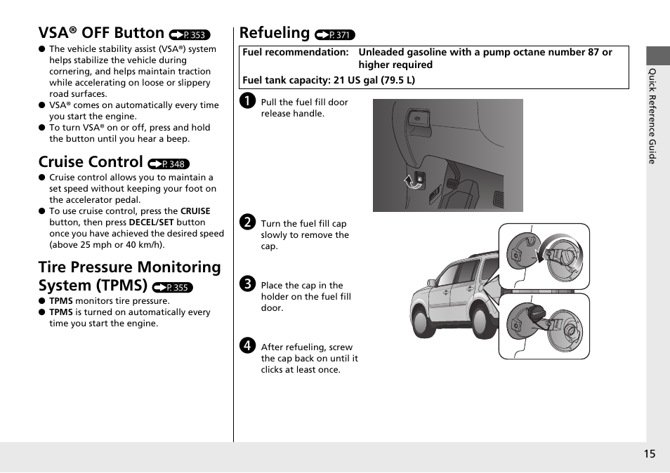 Vsa® off button, Cruise control, Tire pressure monitoring system (tpms) | Refueling | HONDA 2014 Pilot - Owner's Manual User Manual | Page 16 / 488