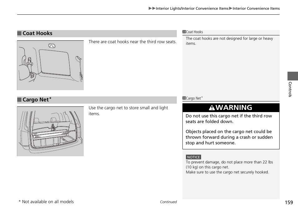 P159, Warning | HONDA 2014 Pilot - Owner's Manual User Manual | Page 160 / 488