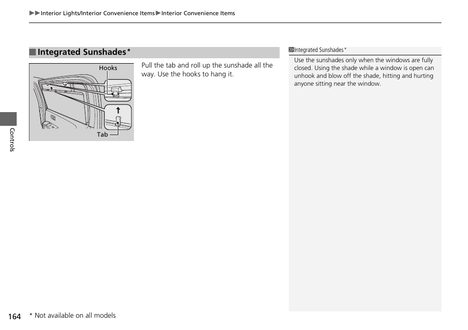 Integrated sunshades | HONDA 2014 Pilot - Owner's Manual User Manual | Page 165 / 488