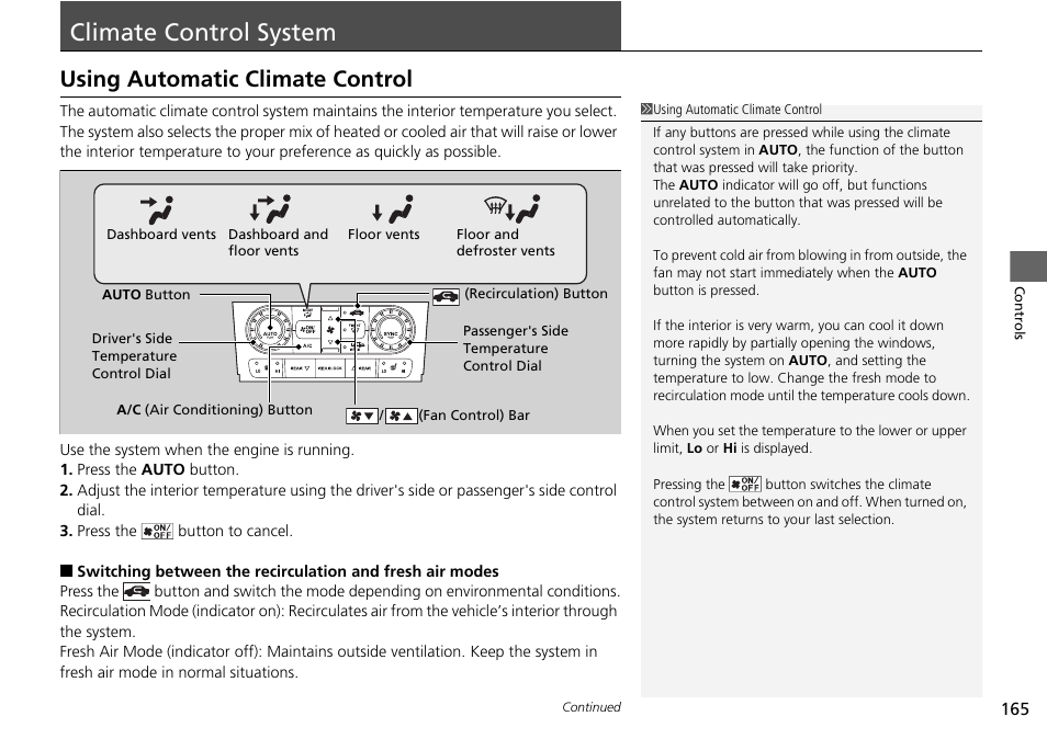 Climate control system, P165), Using automatic climate control | HONDA 2014 Pilot - Owner's Manual User Manual | Page 166 / 488