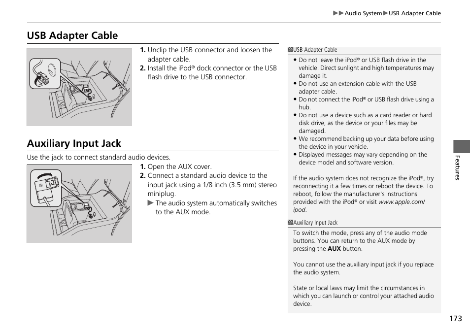 P173), Usb adapter cable auxiliary input jack, Usb adapter cable | Auxiliary input jack | HONDA 2014 Pilot - Owner's Manual User Manual | Page 174 / 488