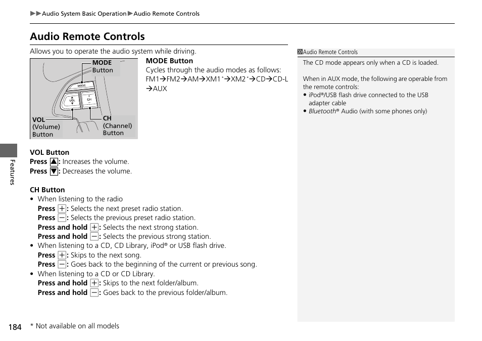 P184, Audio remote controls | HONDA 2014 Pilot - Owner's Manual User Manual | Page 185 / 488