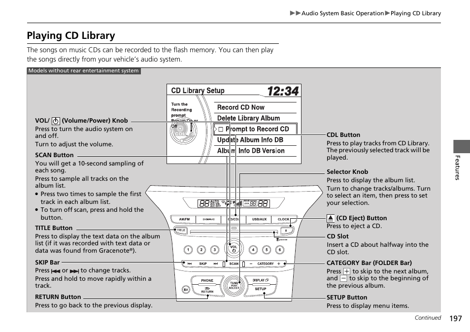 Playing cd library | HONDA 2014 Pilot - Owner's Manual User Manual | Page 198 / 488