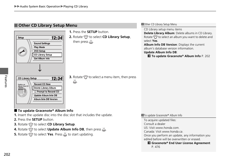 Other cd library setup menu | HONDA 2014 Pilot - Owner's Manual User Manual | Page 203 / 488