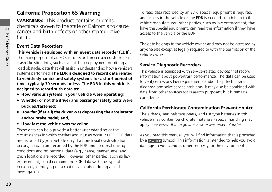 California proposition 65 warning | HONDA 2014 Pilot - Owner's Manual User Manual | Page 21 / 488