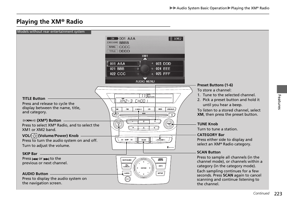 Playing the xm® radio | HONDA 2014 Pilot - Owner's Manual User Manual | Page 224 / 488