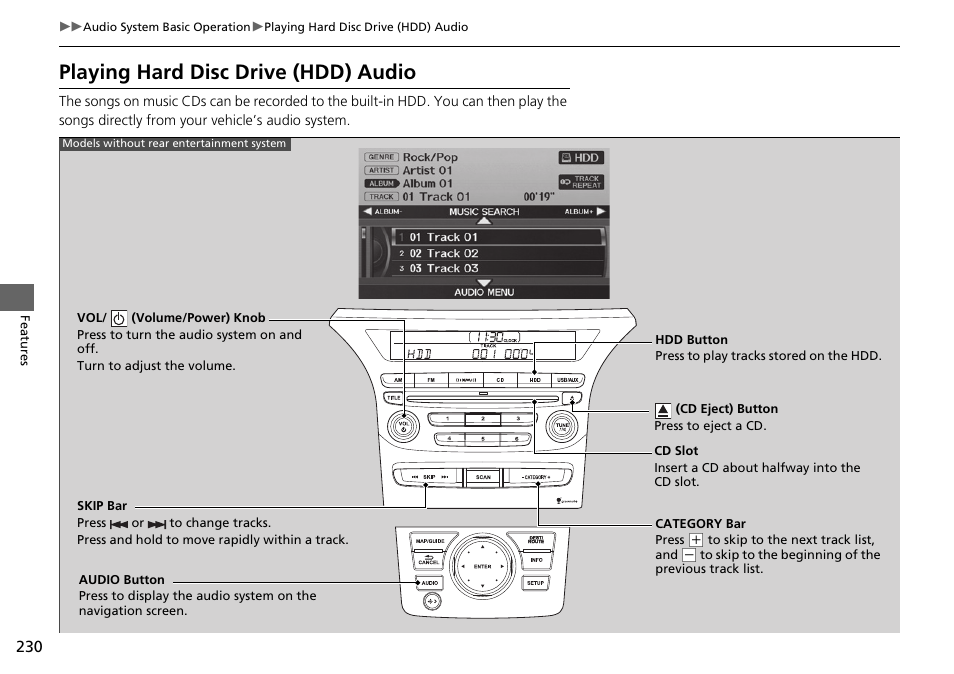 Playing hard disc drive (hdd) audio | HONDA 2014 Pilot - Owner's Manual User Manual | Page 231 / 488