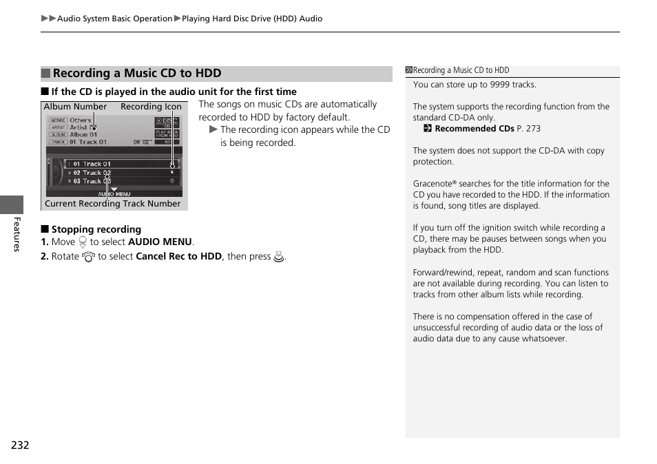 Recording a music cd to hdd | HONDA 2014 Pilot - Owner's Manual User Manual | Page 233 / 488