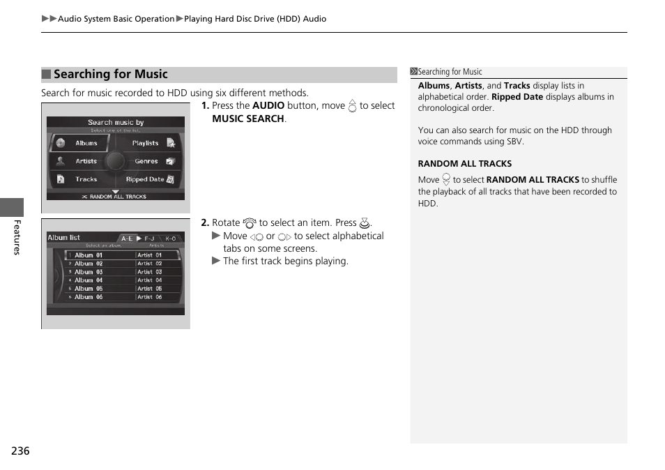 Searching for music | HONDA 2014 Pilot - Owner's Manual User Manual | Page 237 / 488