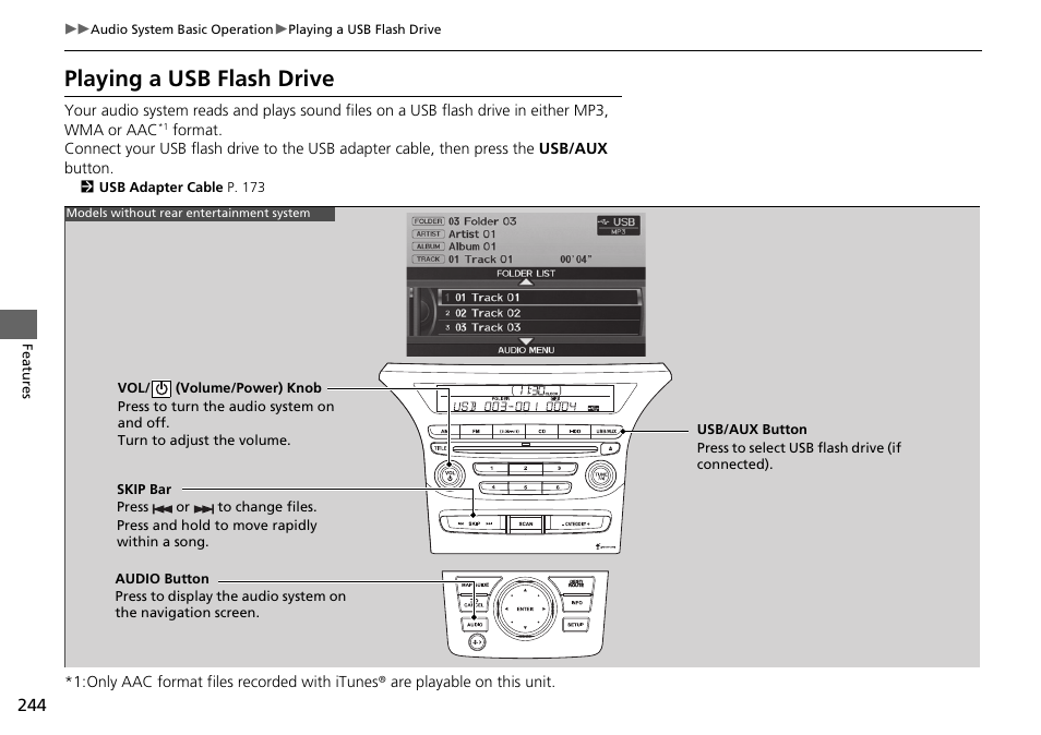 Playing a usb flash drive | HONDA 2014 Pilot - Owner's Manual User Manual | Page 245 / 488