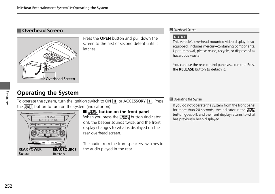 Operating the system, Overhead screen | HONDA 2014 Pilot - Owner's Manual User Manual | Page 253 / 488