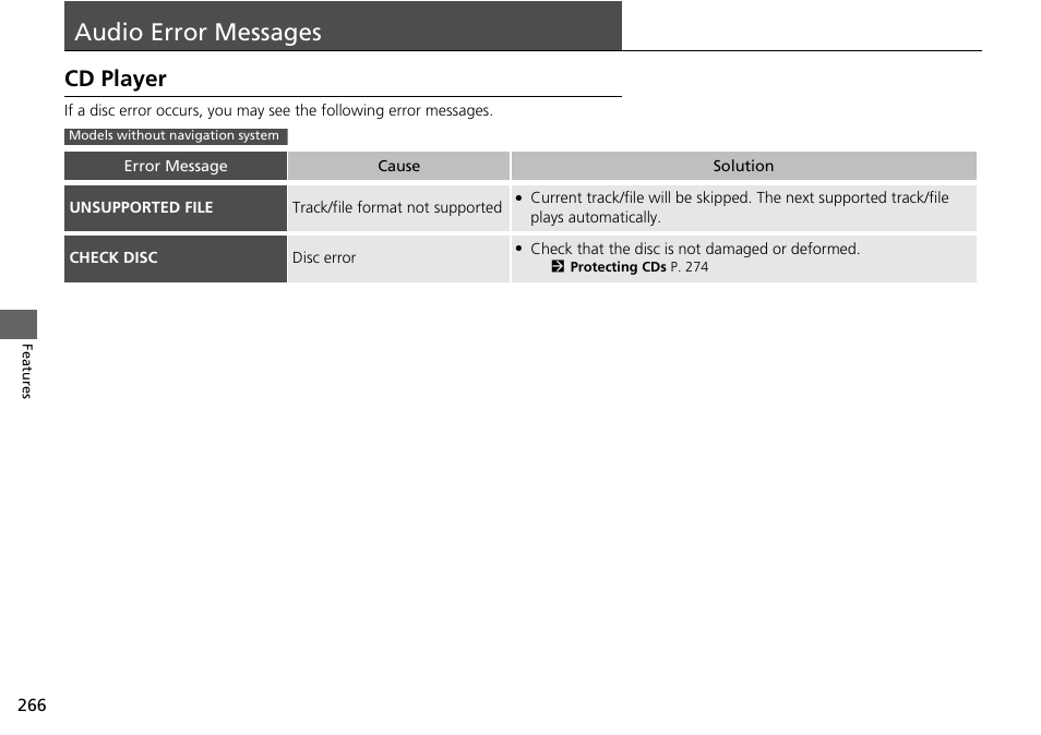 Audio error messages, Cd player | HONDA 2014 Pilot - Owner's Manual User Manual | Page 267 / 488