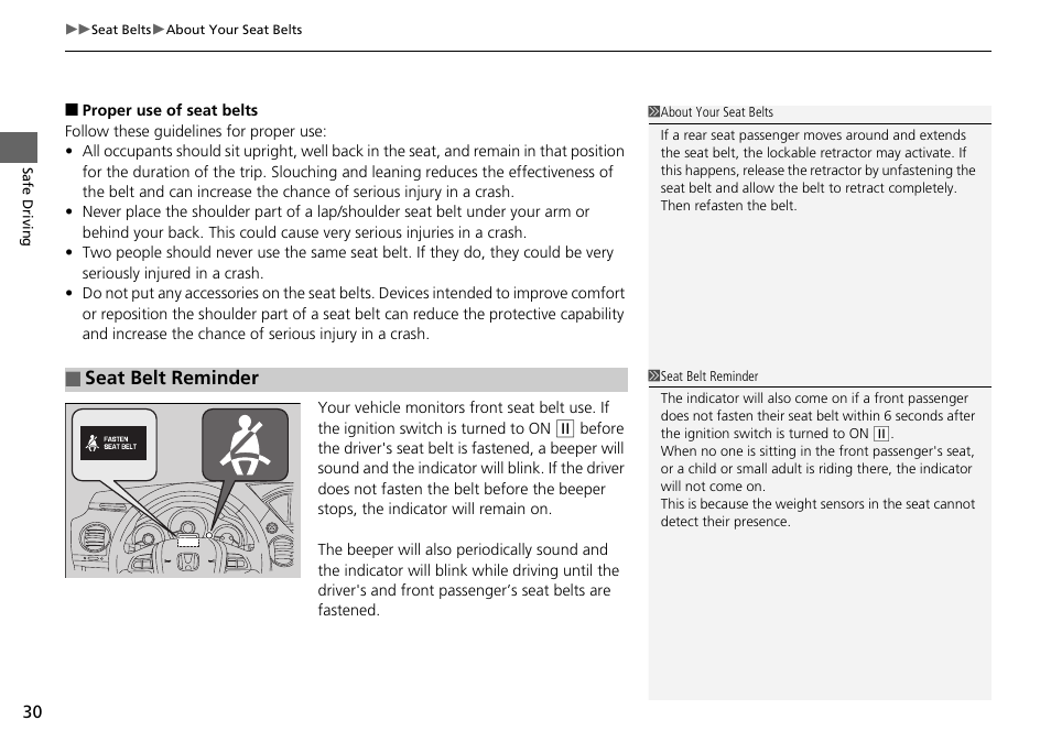Seat belt reminder | HONDA 2014 Pilot - Owner's Manual User Manual | Page 31 / 488