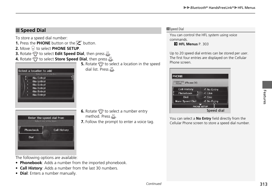 Speed dial p. 313, Speed dial | HONDA 2014 Pilot - Owner's Manual User Manual | Page 314 / 488
