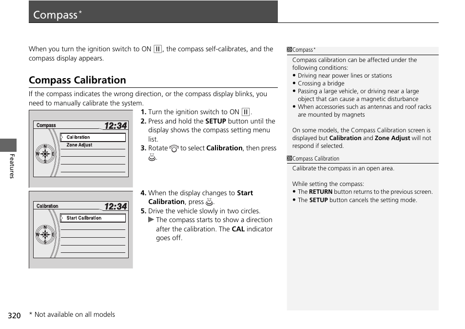 Compass, Compass calibration | HONDA 2014 Pilot - Owner's Manual User Manual | Page 321 / 488
