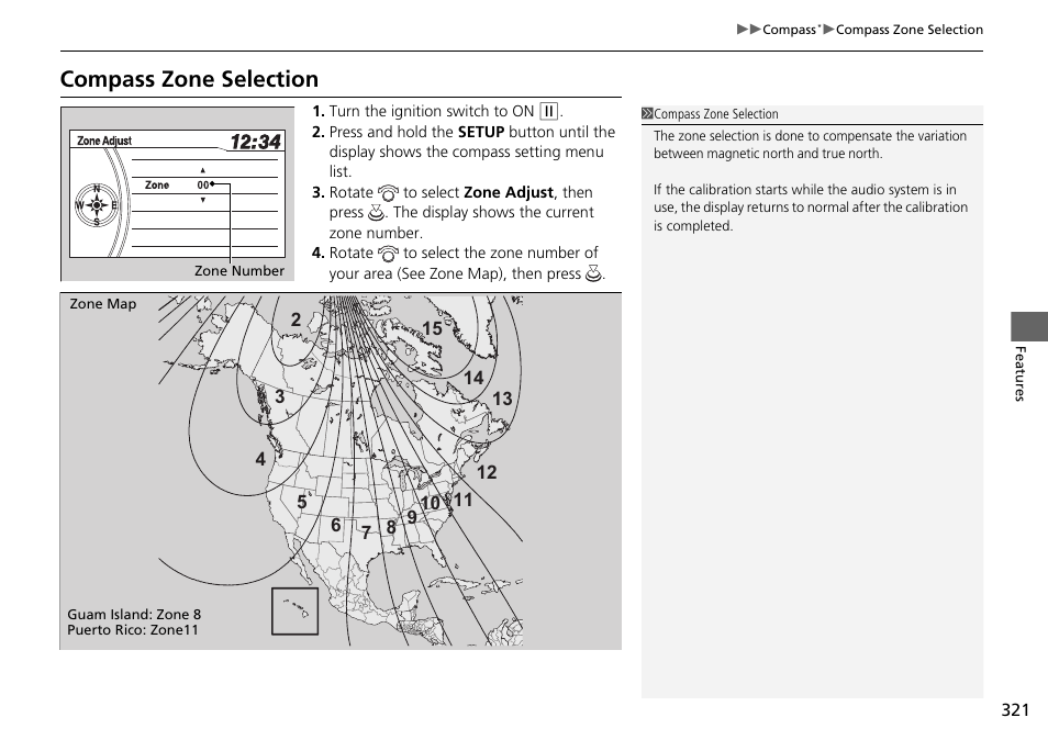 Compass zone selection | HONDA 2014 Pilot - Owner's Manual User Manual | Page 322 / 488