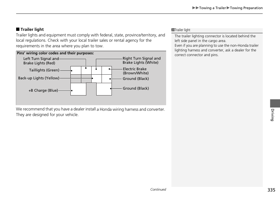 Trailer light | HONDA 2014 Pilot - Owner's Manual User Manual | Page 336 / 488