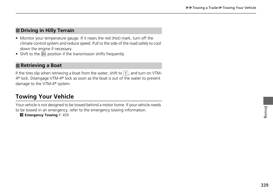 Towing your vehicle | HONDA 2014 Pilot - Owner's Manual User Manual | Page 340 / 488