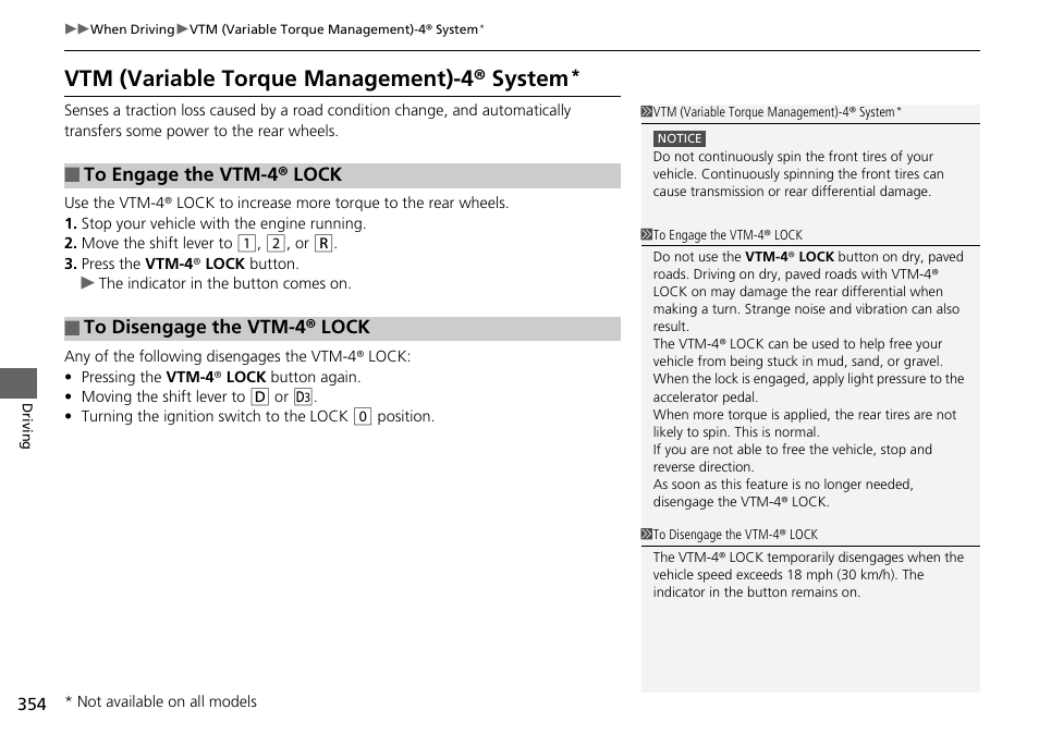 Vtm (variable torque, Management)-4r system * p, Vtm (variable torque management)-4r | System, Vtm (variable torque management)-4r system | HONDA 2014 Pilot - Owner's Manual User Manual | Page 355 / 488