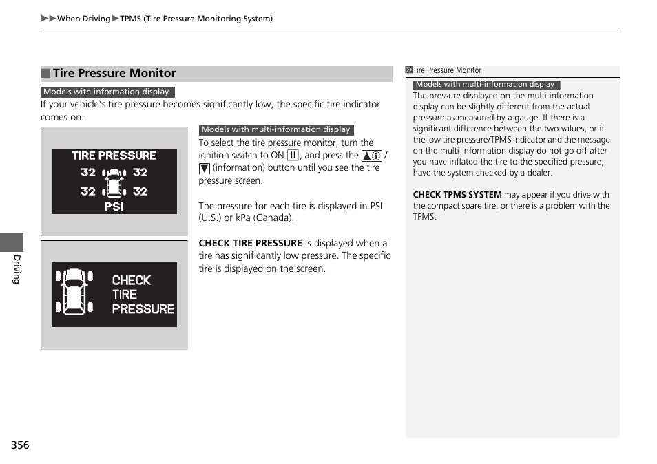 Tire pressure monitor | HONDA 2014 Pilot - Owner's Manual User Manual | Page 357 / 488