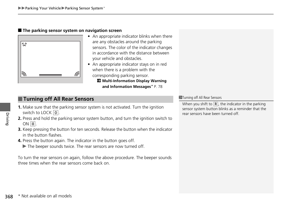 Turning off all rear sensors | HONDA 2014 Pilot - Owner's Manual User Manual | Page 369 / 488