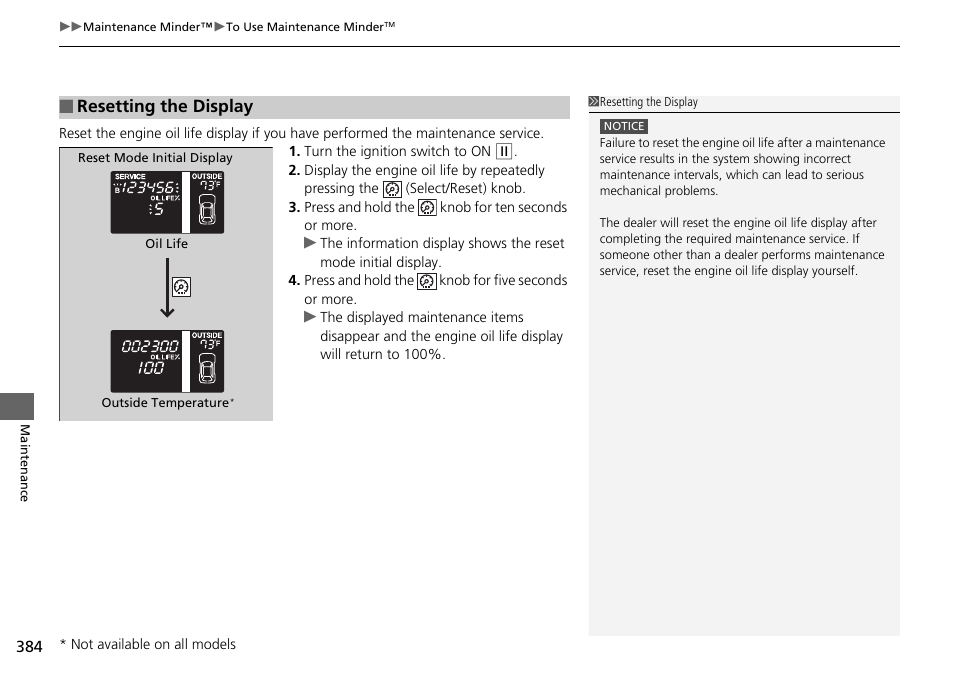Resetting the display | HONDA 2014 Pilot - Owner's Manual User Manual | Page 385 / 488