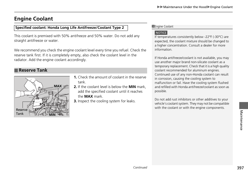 Engine coolant, Reserve tank | HONDA 2014 Pilot - Owner's Manual User Manual | Page 398 / 488