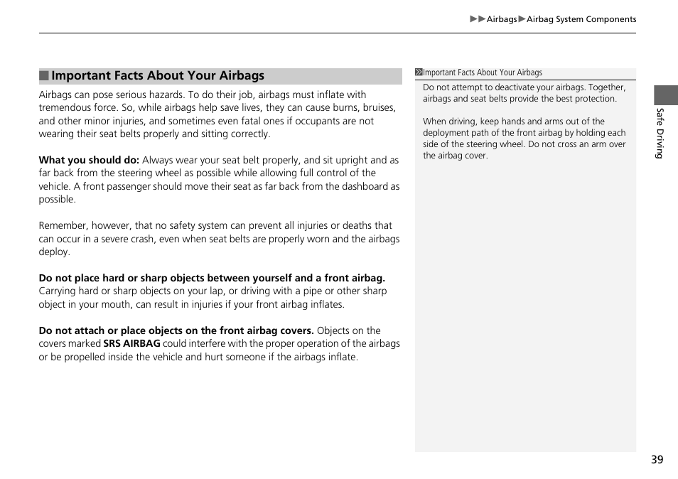 Important facts about your airbags | HONDA 2014 Pilot - Owner's Manual User Manual | Page 40 / 488