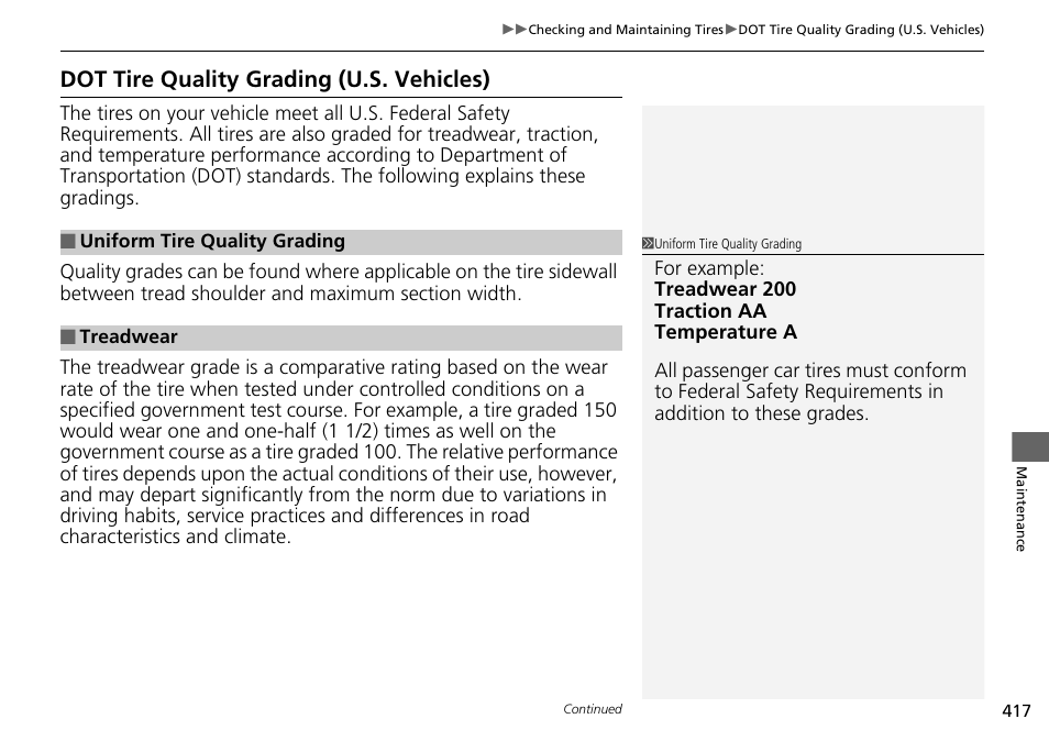 Dot tire quality grading (u.s. vehicles) | HONDA 2014 Pilot - Owner's Manual User Manual | Page 418 / 488
