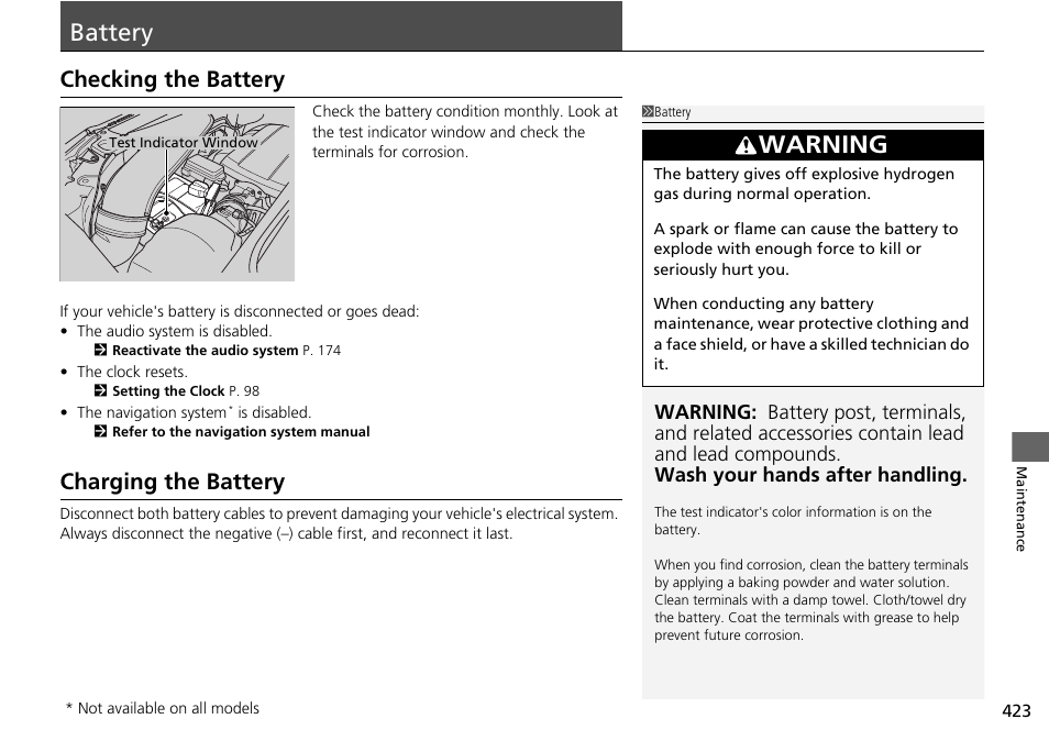 Battery p, Battery, Warning | Checking the battery, Charging the battery | HONDA 2014 Pilot - Owner's Manual User Manual | Page 424 / 488