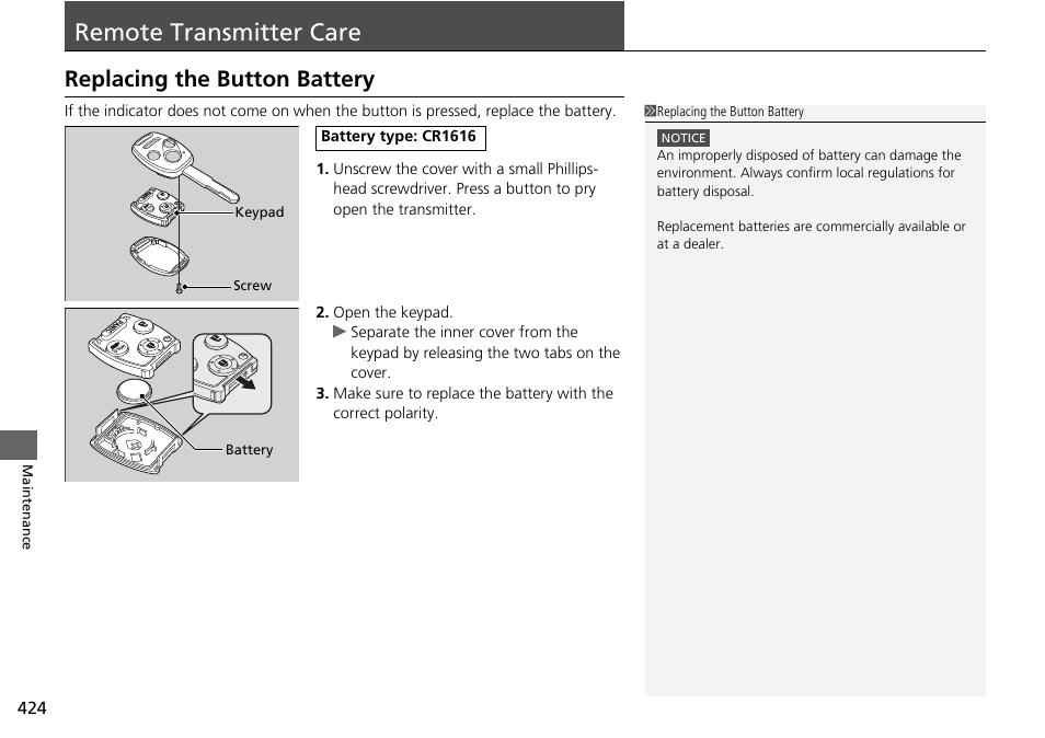 Remote transmitter care, Replacing the button battery p. 424, Replacing the button battery | HONDA 2014 Pilot - Owner's Manual User Manual | Page 425 / 488