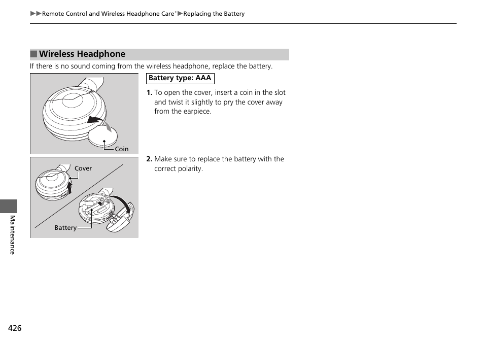 Wireless headphone | HONDA 2014 Pilot - Owner's Manual User Manual | Page 427 / 488