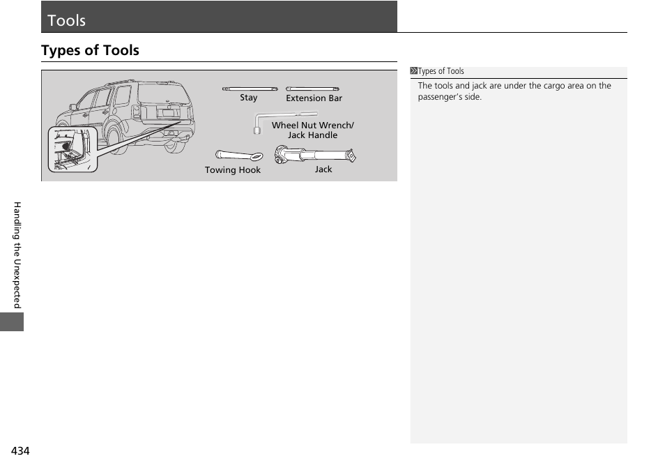 Tools p. 434, Tools, Types of tools | HONDA 2014 Pilot - Owner's Manual User Manual | Page 435 / 488