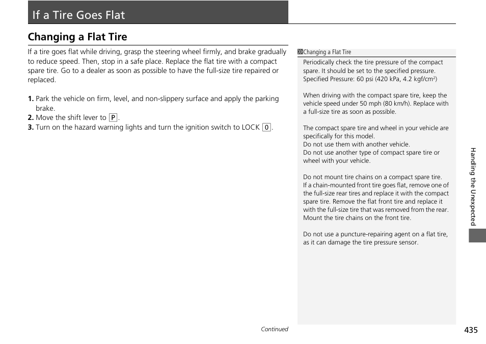 If a tire goes flat, P435, Changing a flat tire | HONDA 2014 Pilot - Owner's Manual User Manual | Page 436 / 488