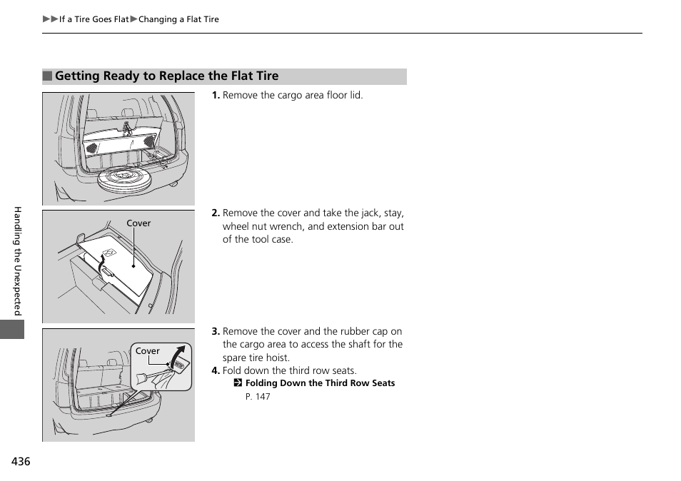 Getting ready to replace the flat tire | HONDA 2014 Pilot - Owner's Manual User Manual | Page 437 / 488