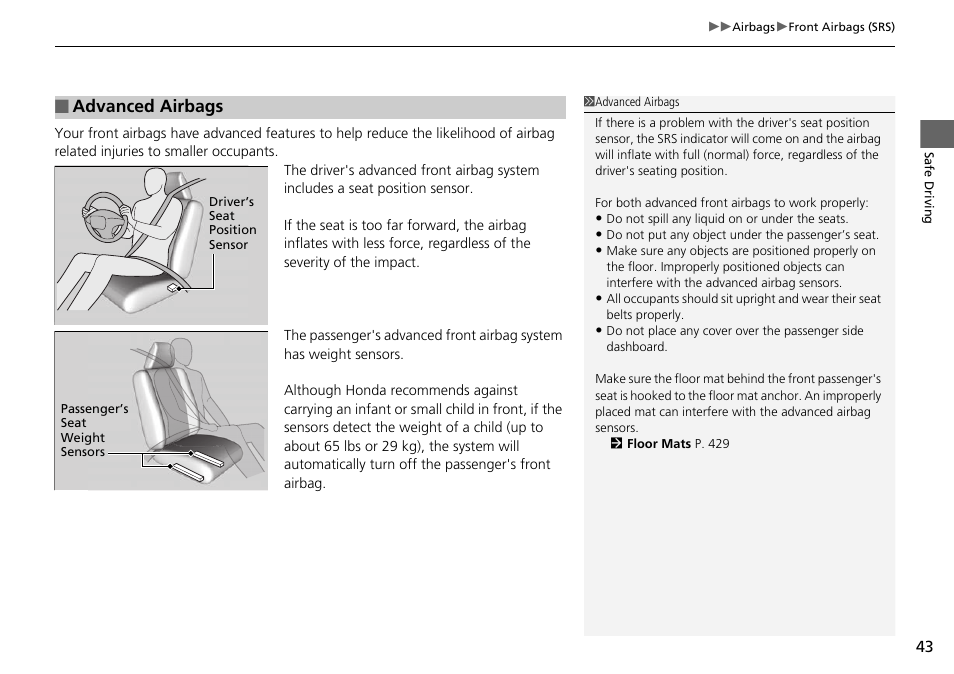 Advanced airbags | HONDA 2014 Pilot - Owner's Manual User Manual | Page 44 / 488