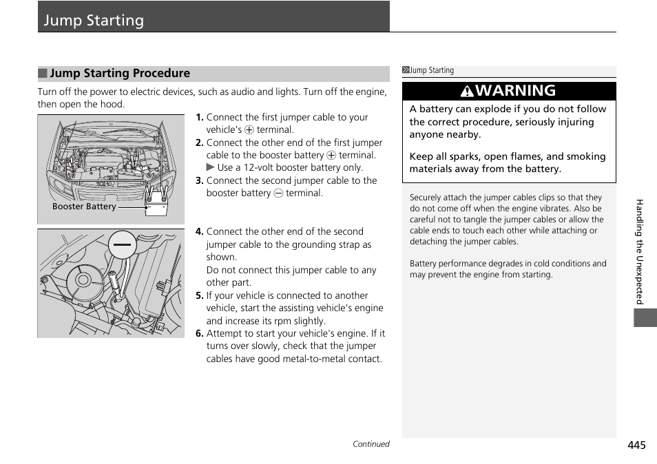 Jump starting, Jump starting p. 445, Warning | HONDA 2014 Pilot - Owner's Manual User Manual | Page 446 / 488