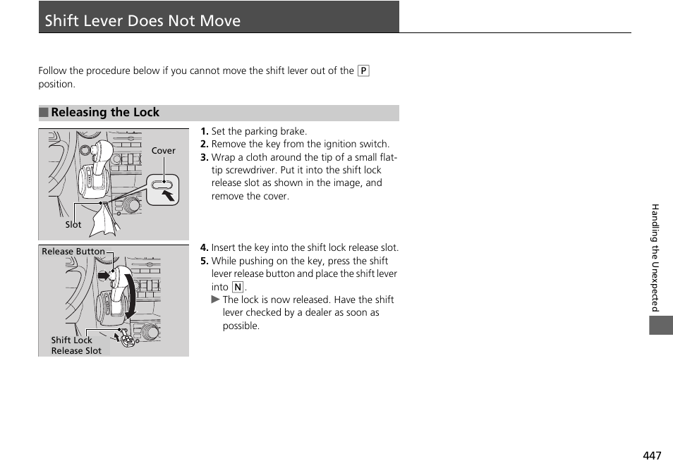 Shift lever does not move p, Shift lever does not move | HONDA 2014 Pilot - Owner's Manual User Manual | Page 448 / 488