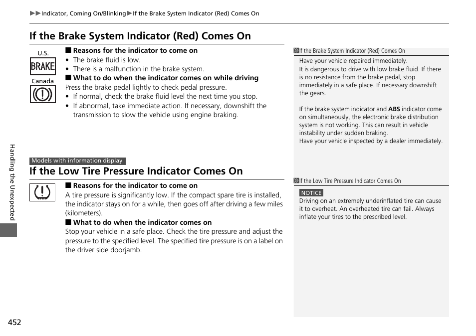 What to do when the, Indicator comes on while driving, If the brake system | Indicator (red) comes on, If the low tire pressure indicator comes, On p. 452, If the brake system indicator (red) comes, If the brake system indicator (red) comes on, If the low tire pressure indicator comes on | HONDA 2014 Pilot - Owner's Manual User Manual | Page 453 / 488